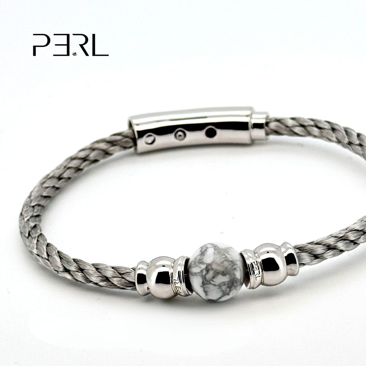 Bracelet Homme – Perle Marbrée, Cordon Acier Naturel et Attache en Argent Sterling